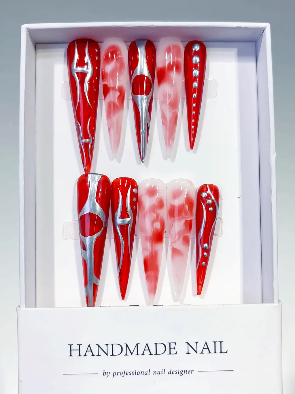 L158 - Long Red White Stiletto Abstract Heart Rhinestone