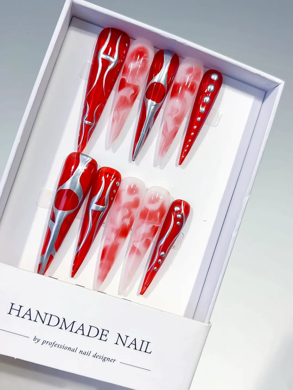 L158 - Long Red White Stiletto Abstract Heart Rhinestone