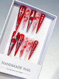L158 - Long Red White Stiletto Abstract Heart Rhinestone