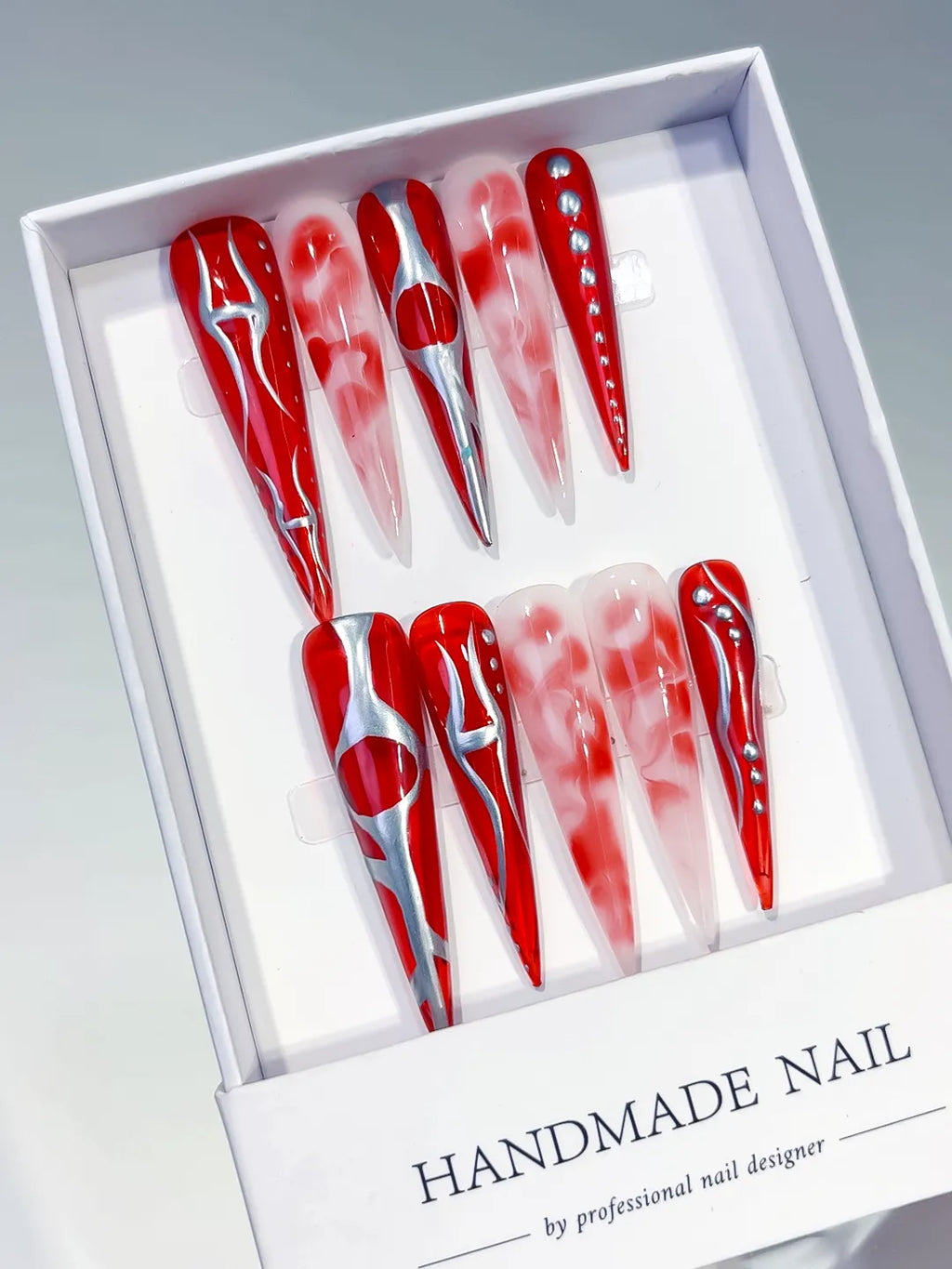 L158 - Long Red White Stiletto Abstract Heart Rhinestone