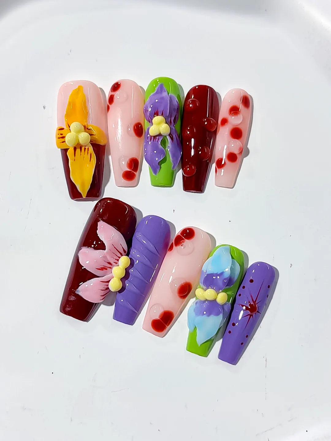 L159 - Long Red Purple Coffin Abstract Flower Cherry