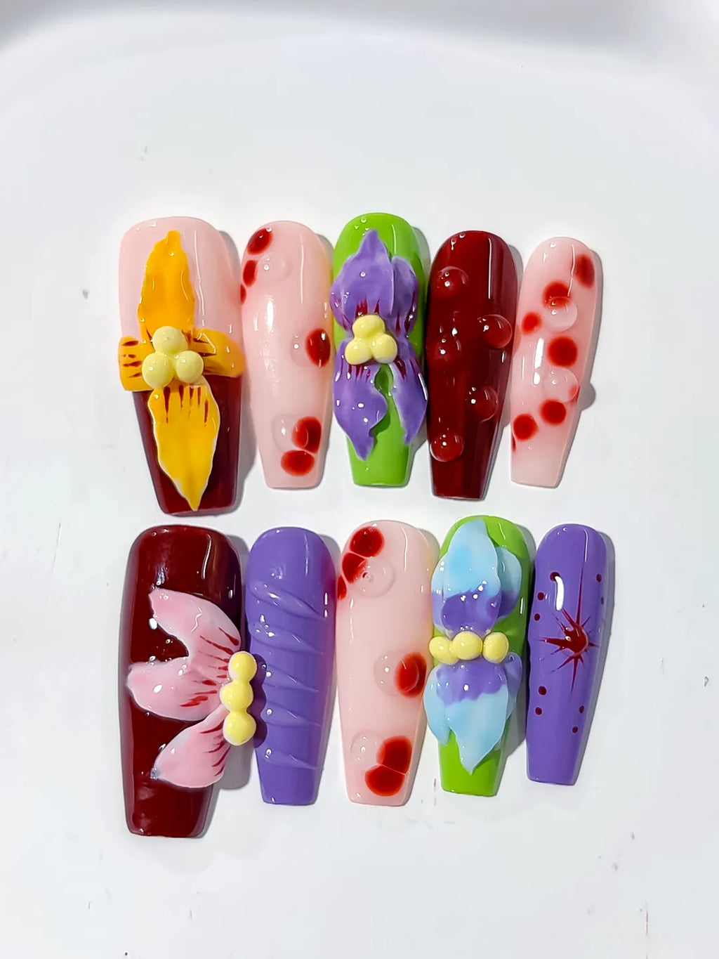 L159 - Long Red Purple Coffin Abstract Flower Cherry