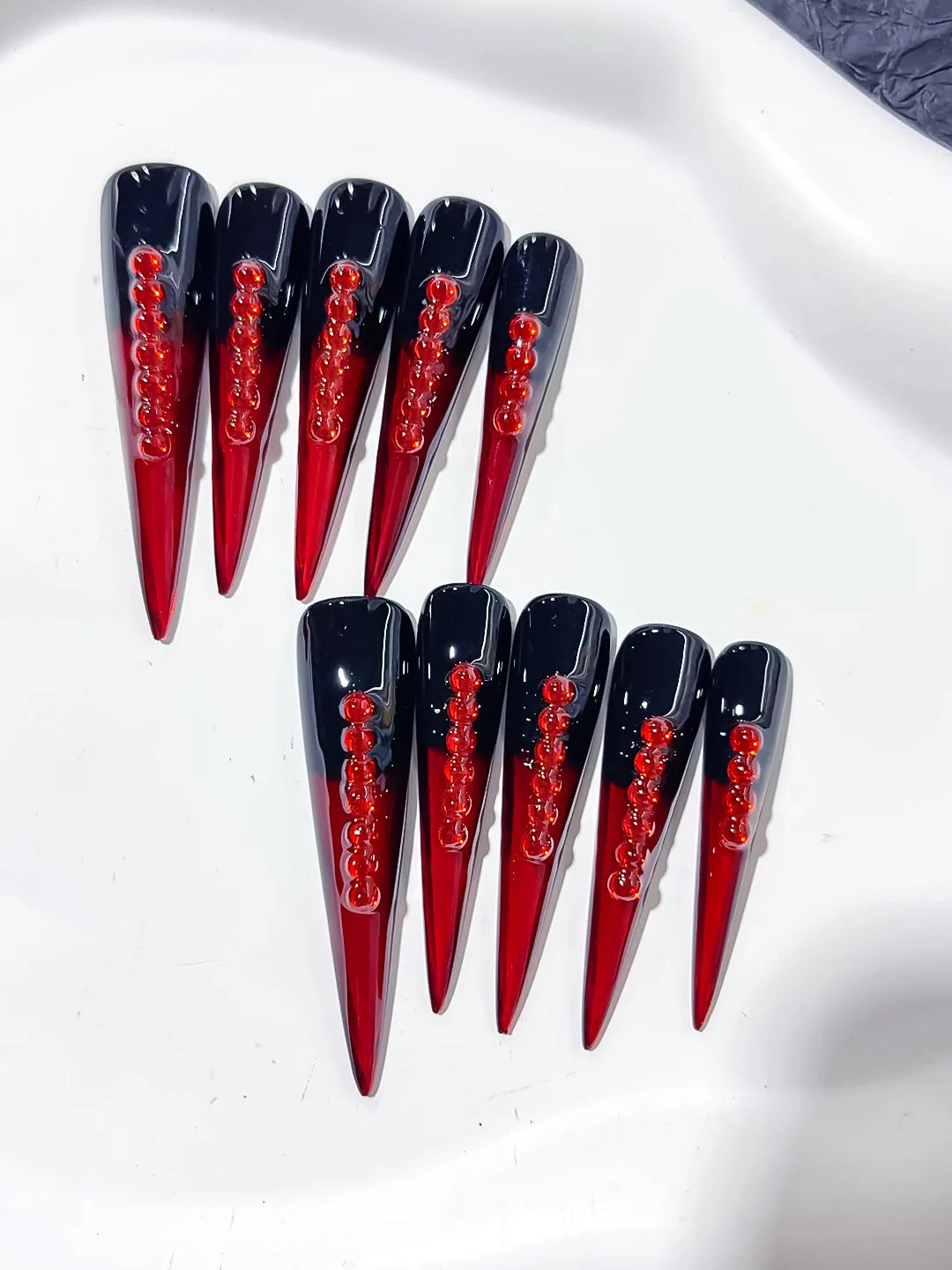 L160 - Long Black Red Stiletto French tip Stud
