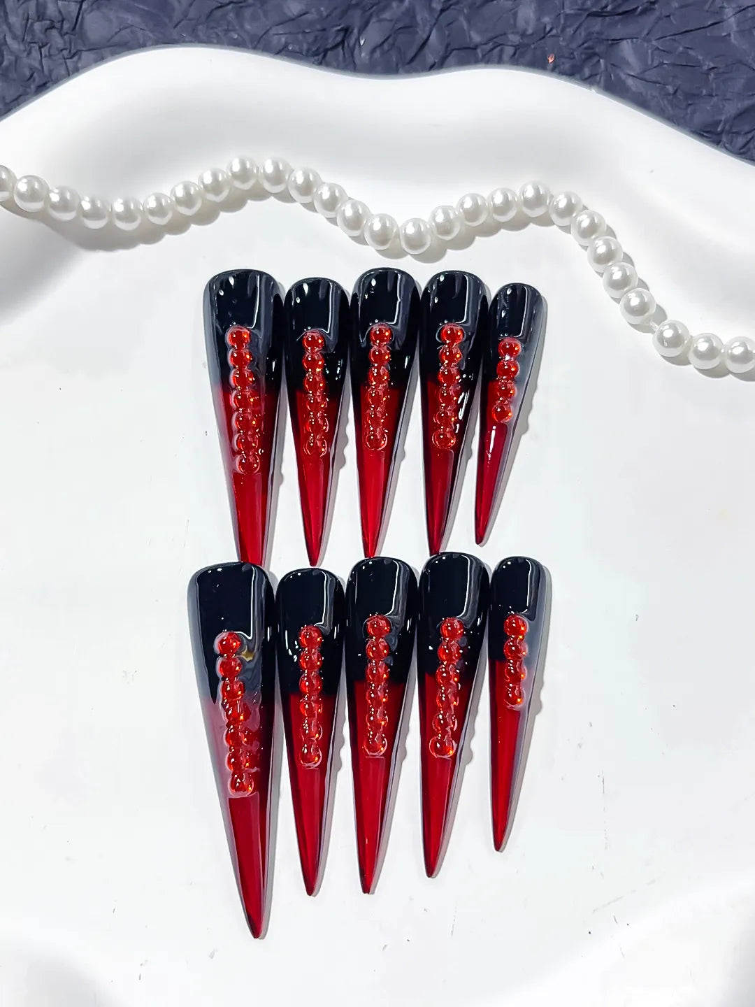 L160 - Long Black Red Stiletto French tip Stud