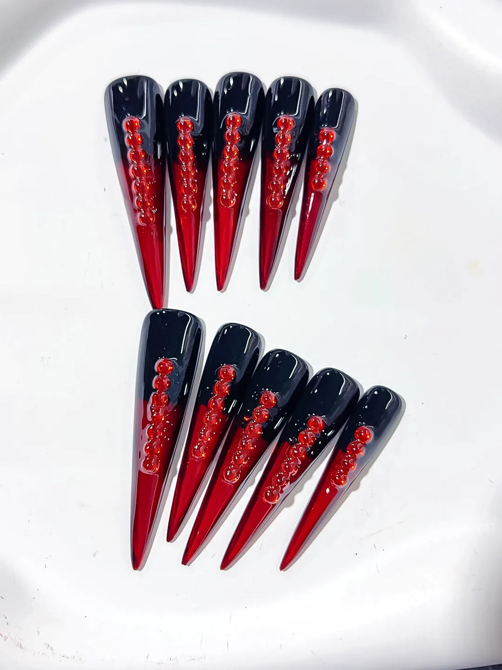 L160 - Long Black Red Stiletto French tip Stud