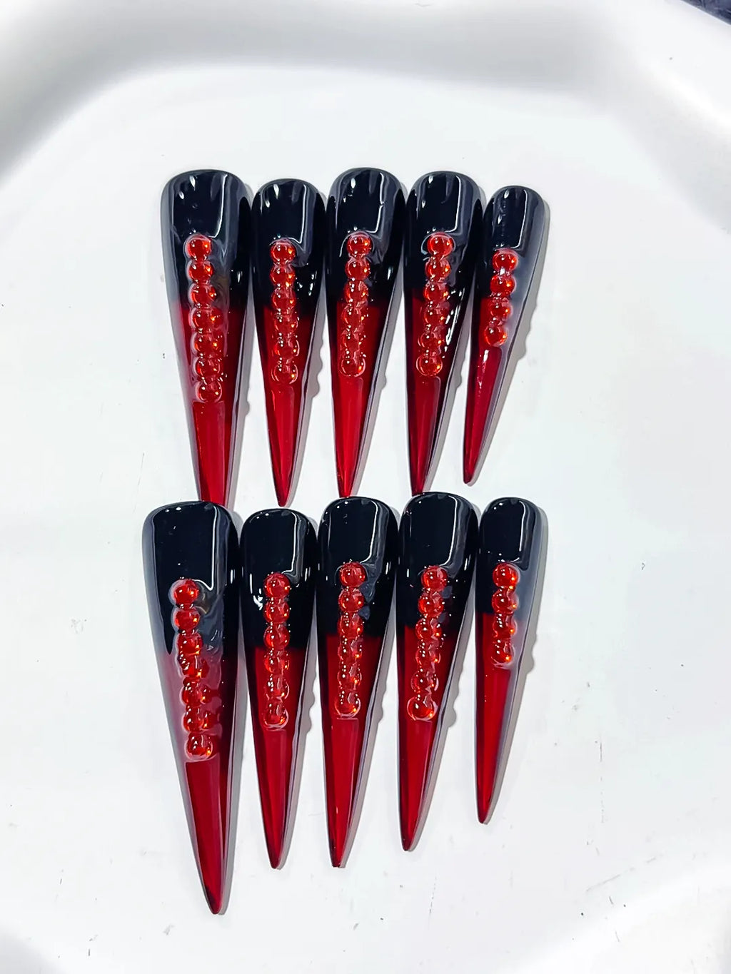 L160 - Long Black Red Stiletto French tip Stud