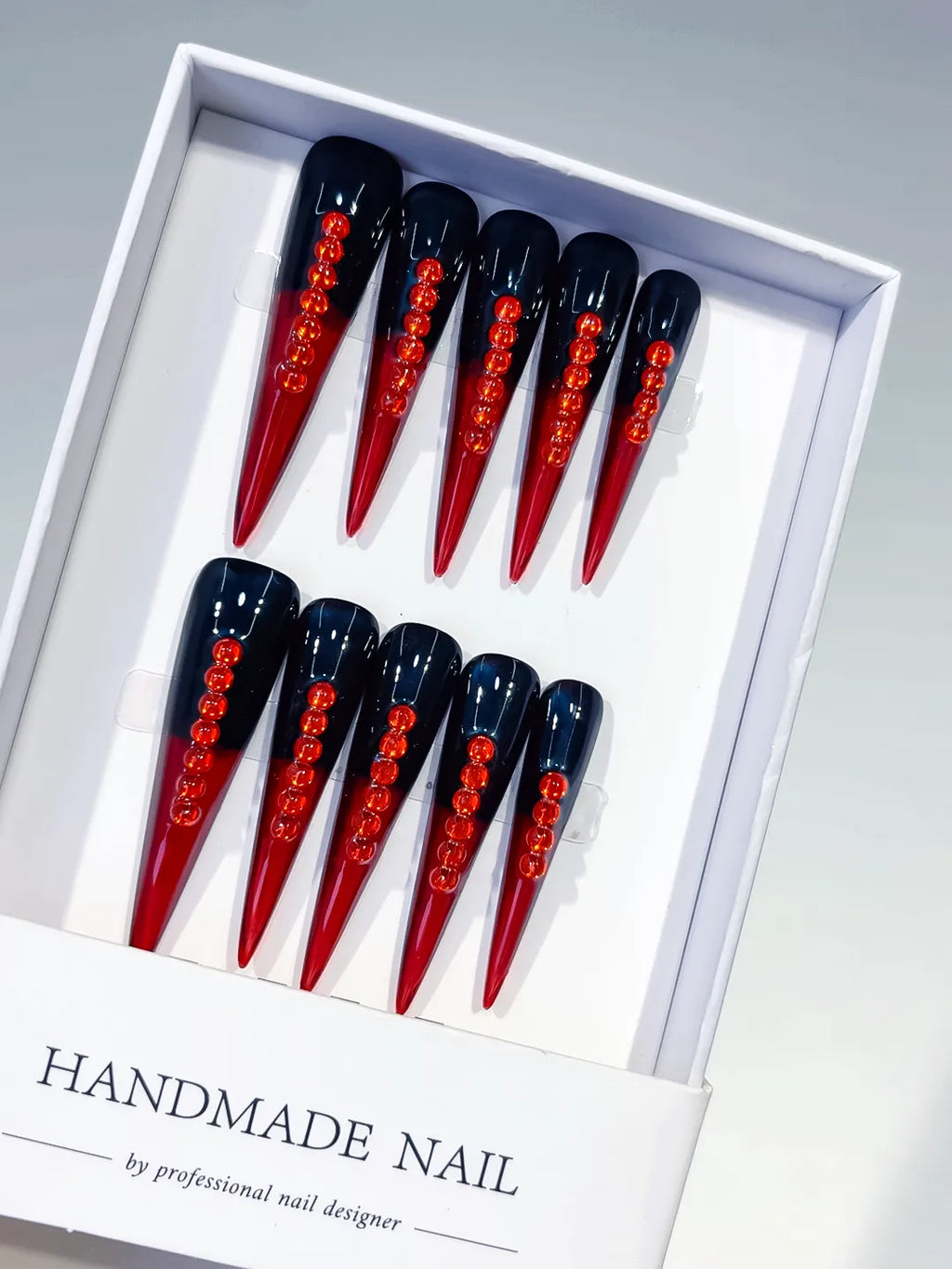 L160 - Long Black Red Stiletto French tip Stud