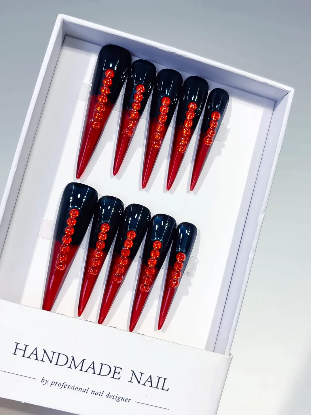 L160 - Long Black Red Stiletto French tip Stud