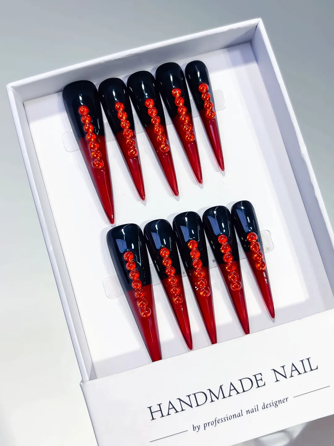 L160 - Long Black Red Stiletto French tip Stud