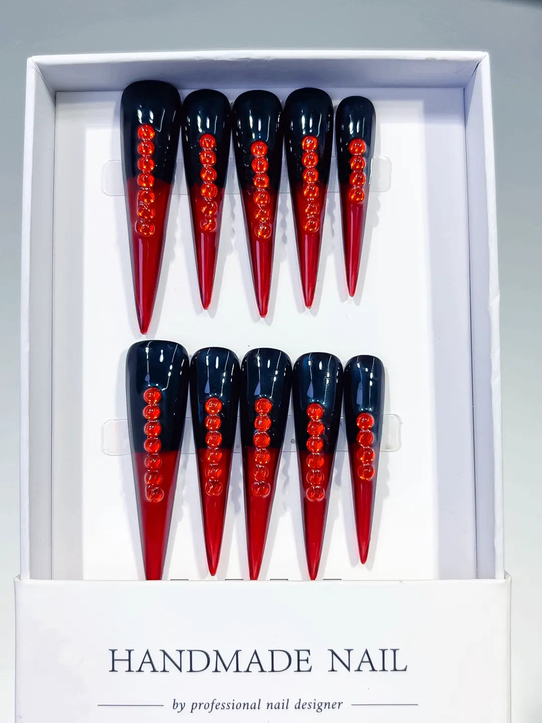 L160 - Long Black Red Stiletto French tip Stud