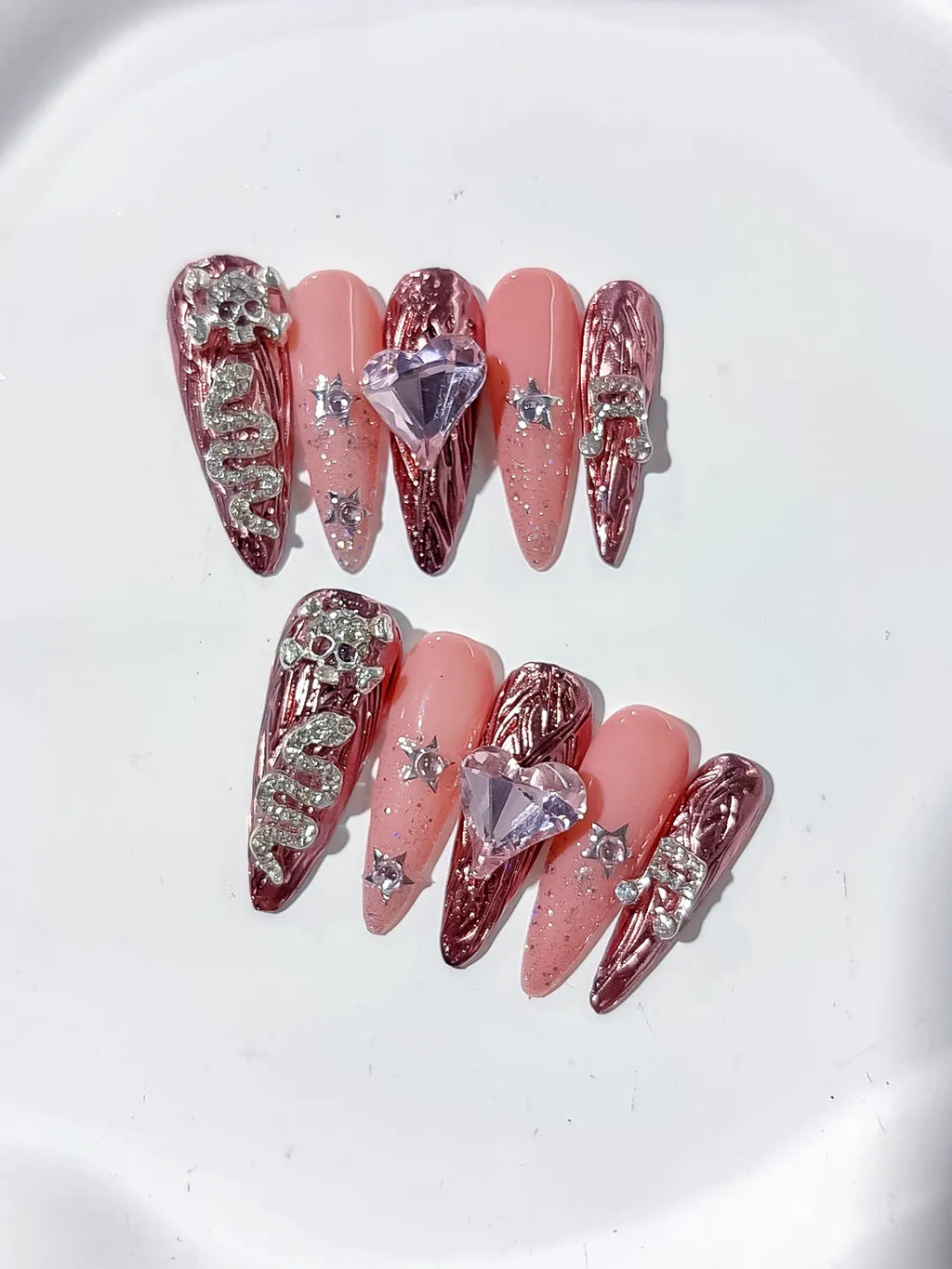 L163 - Long Gold Pink Stiletto Metallic Snake Heart