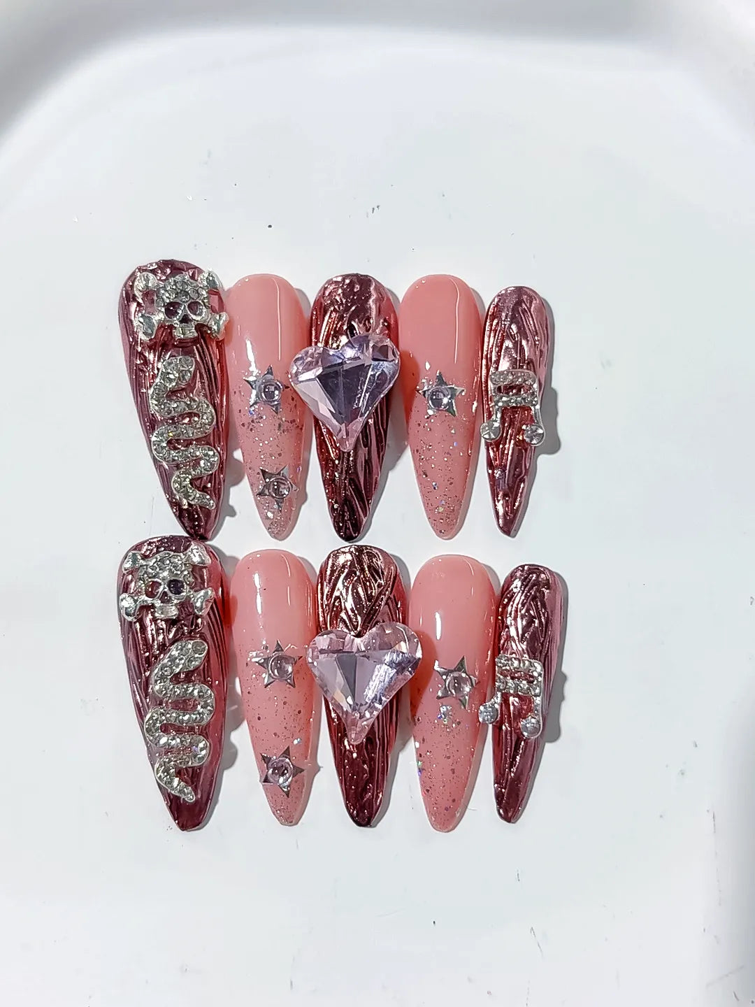 L163 - Long Gold Pink Stiletto Metallic Snake Heart