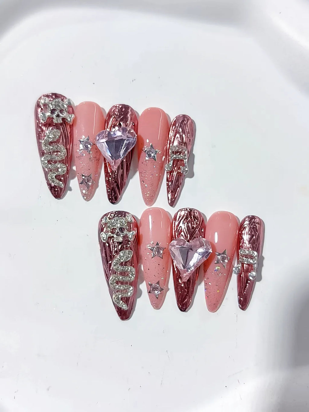 L163 - Long Gold Pink Stiletto Metallic Snake Heart