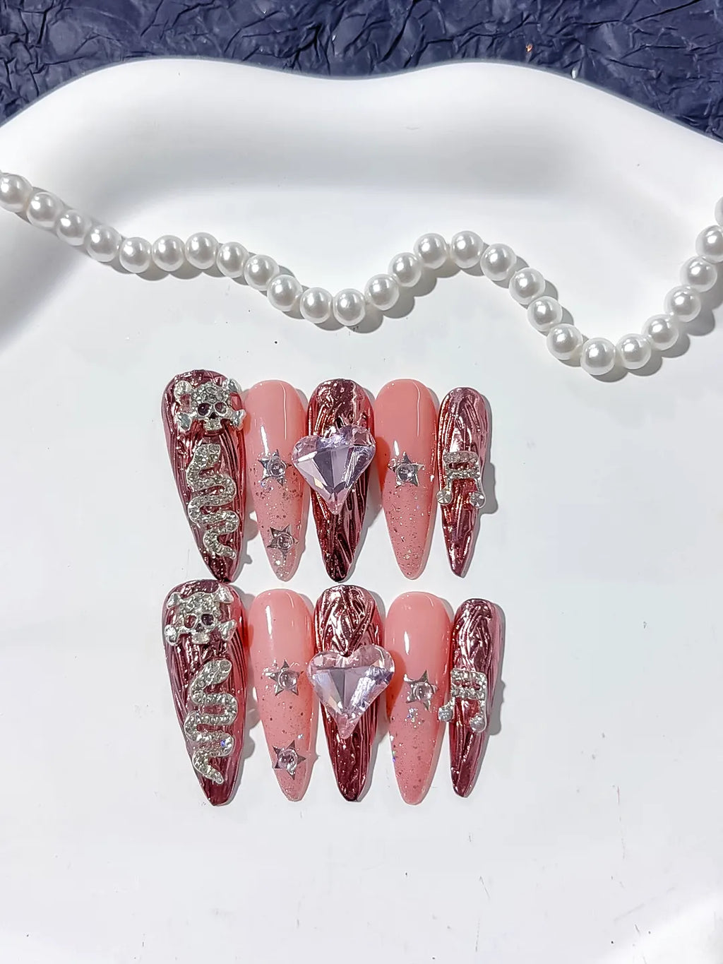 L163 - Long Gold Pink Stiletto Metallic Snake Heart