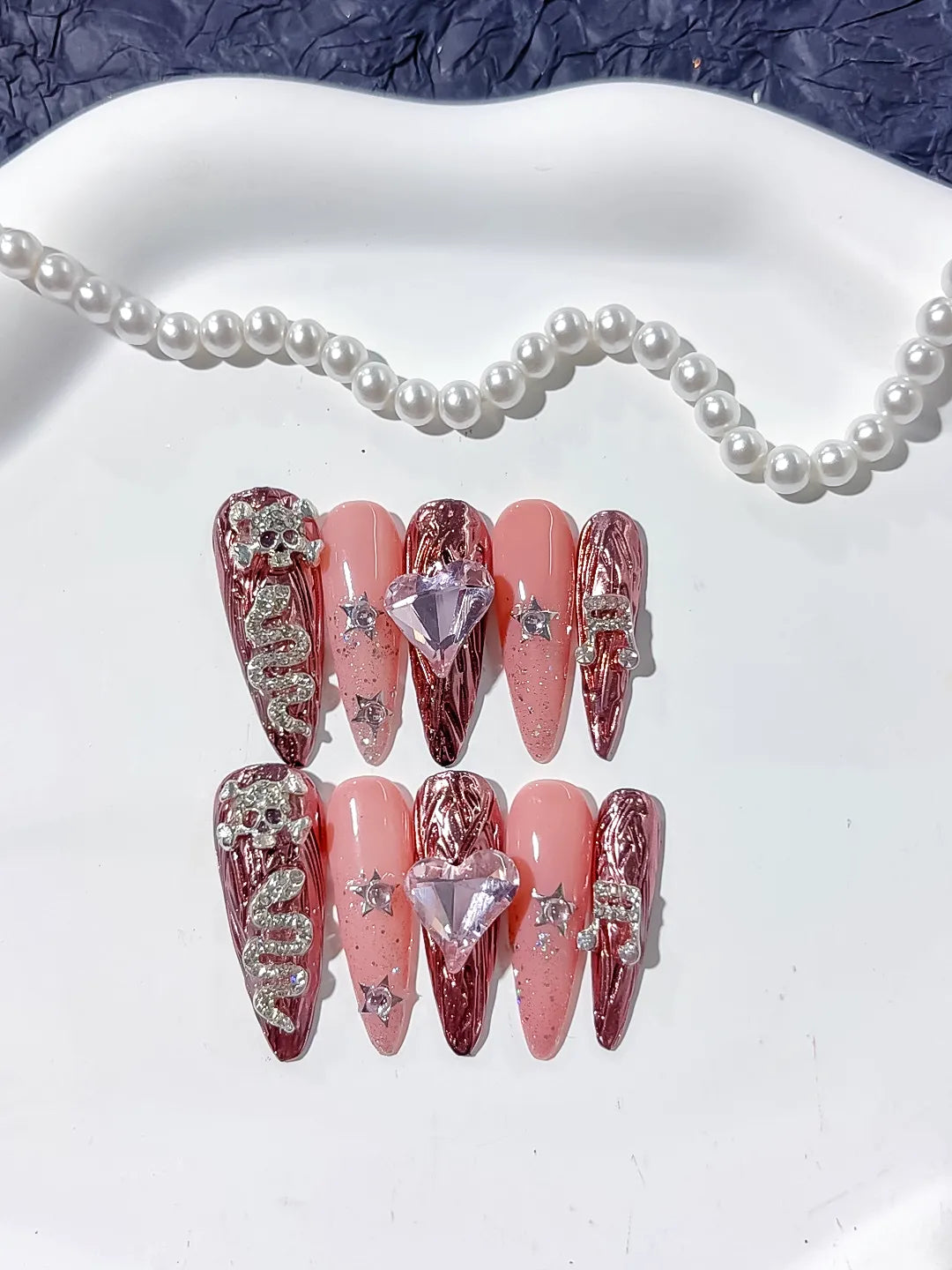 L163 - Long Gold Pink Stiletto Metallic Snake Heart