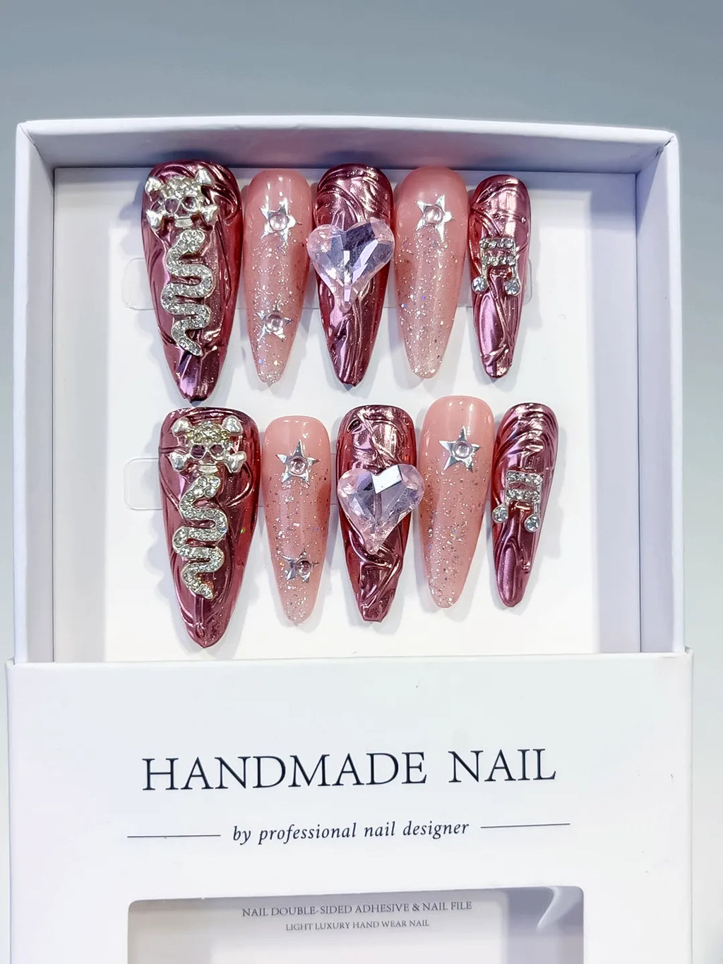 L163 - Long Gold Pink Stiletto Metallic Snake Heart