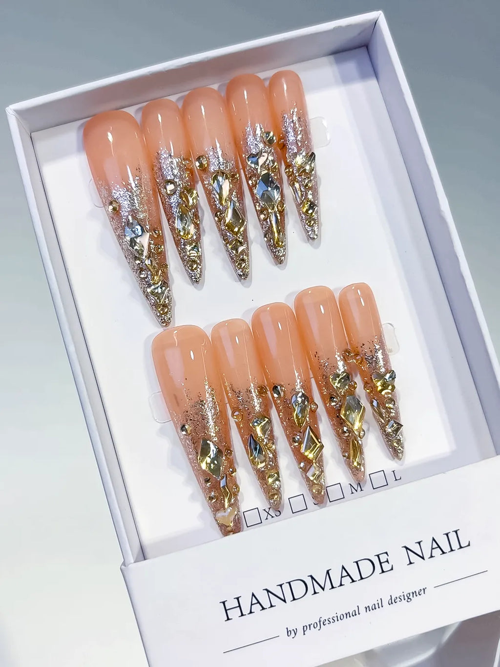 L164 - Long Nude Gold Stiletto Glitter Rhinestone