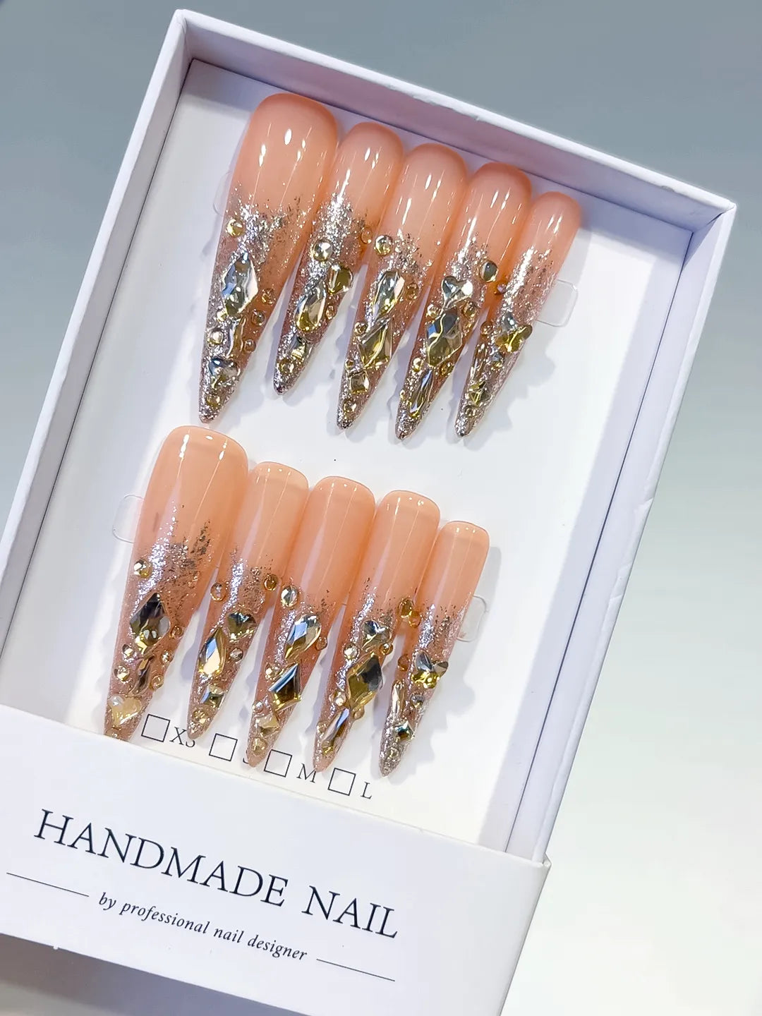 L164 - Long Nude Gold Stiletto Glitter Rhinestone