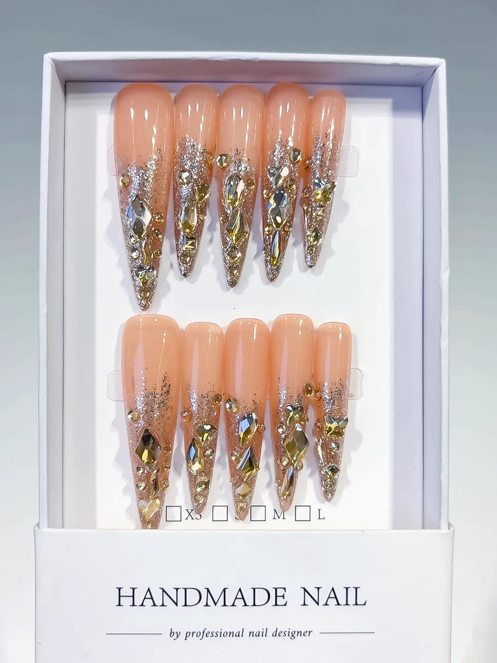 L164 - Long Nude Gold Stiletto Glitter Rhinestone