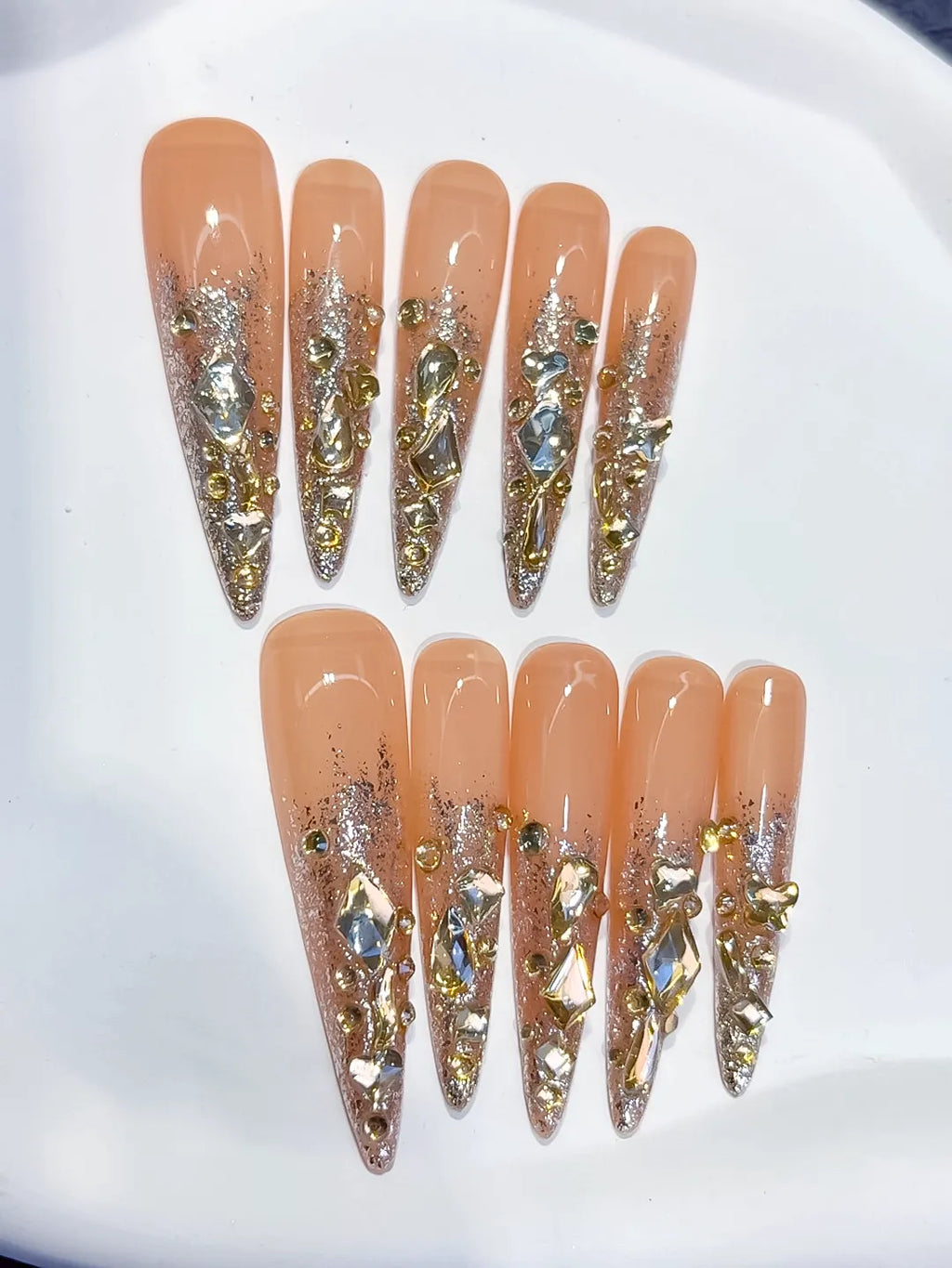L164 - Long Nude Gold Stiletto Glitter Rhinestone