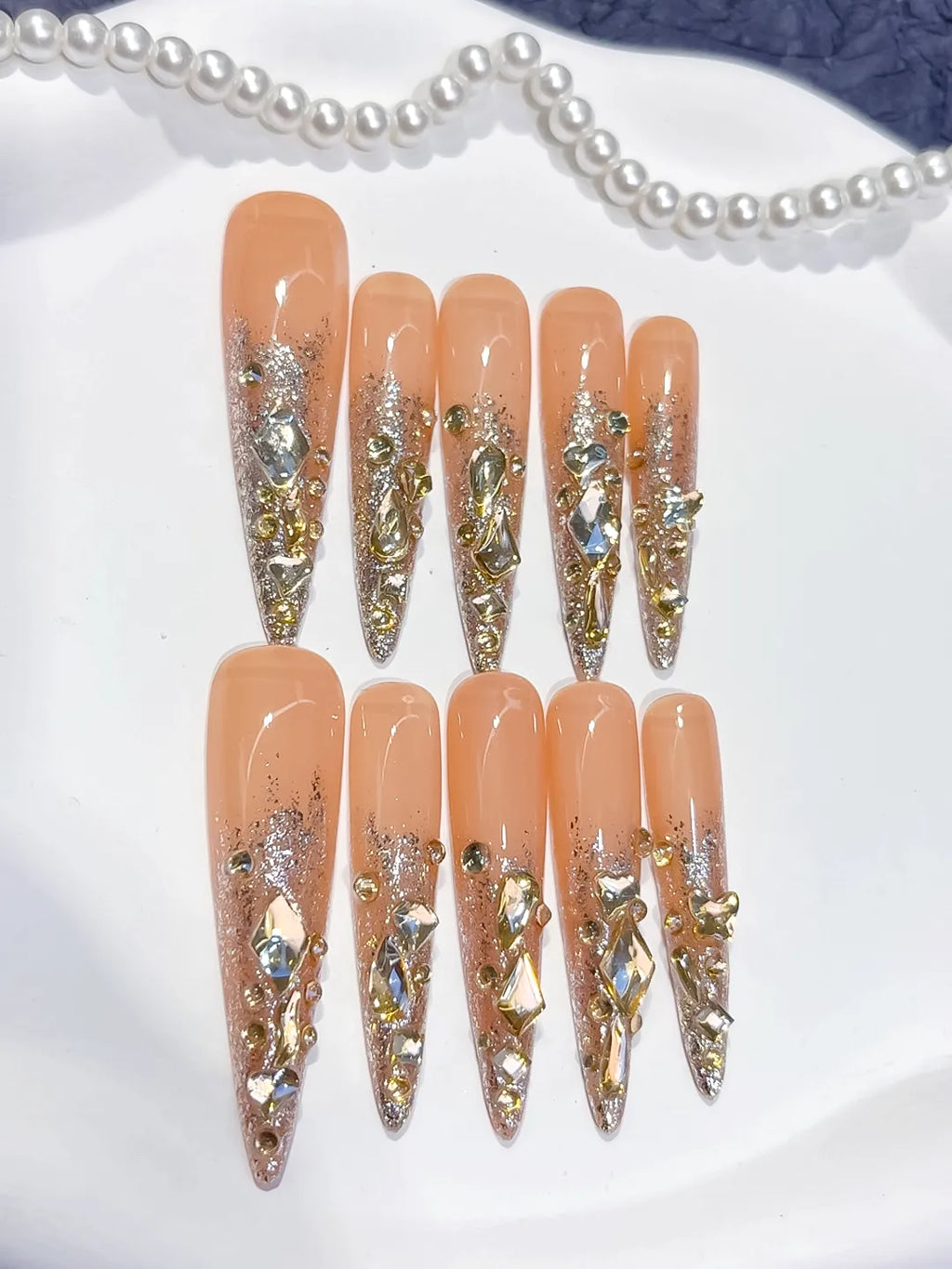 L164 - Long Nude Gold Stiletto Glitter Rhinestone