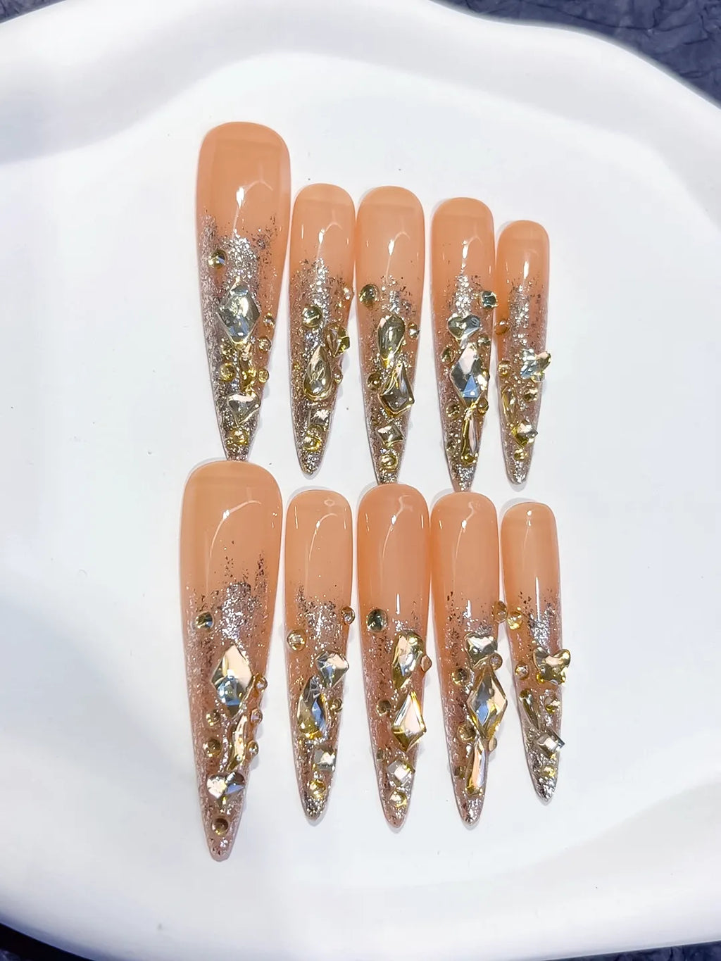 L164 - Long Nude Gold Stiletto Glitter Rhinestone