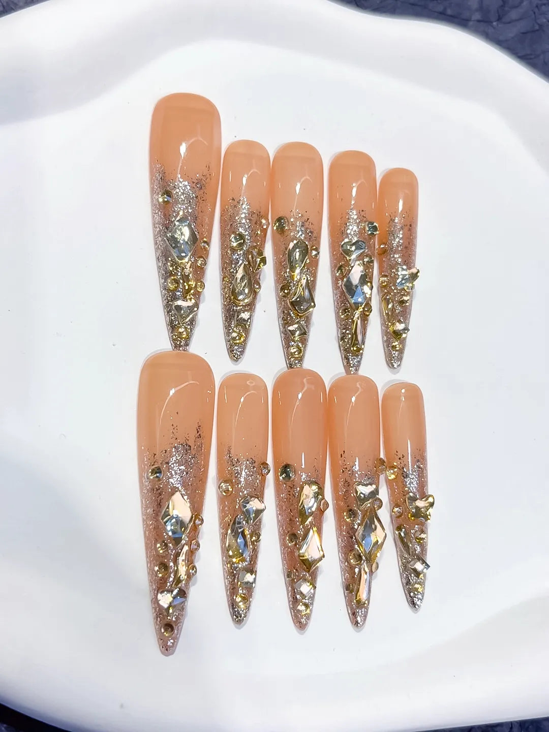 L164 - Long Nude Gold Stiletto Glitter Rhinestone