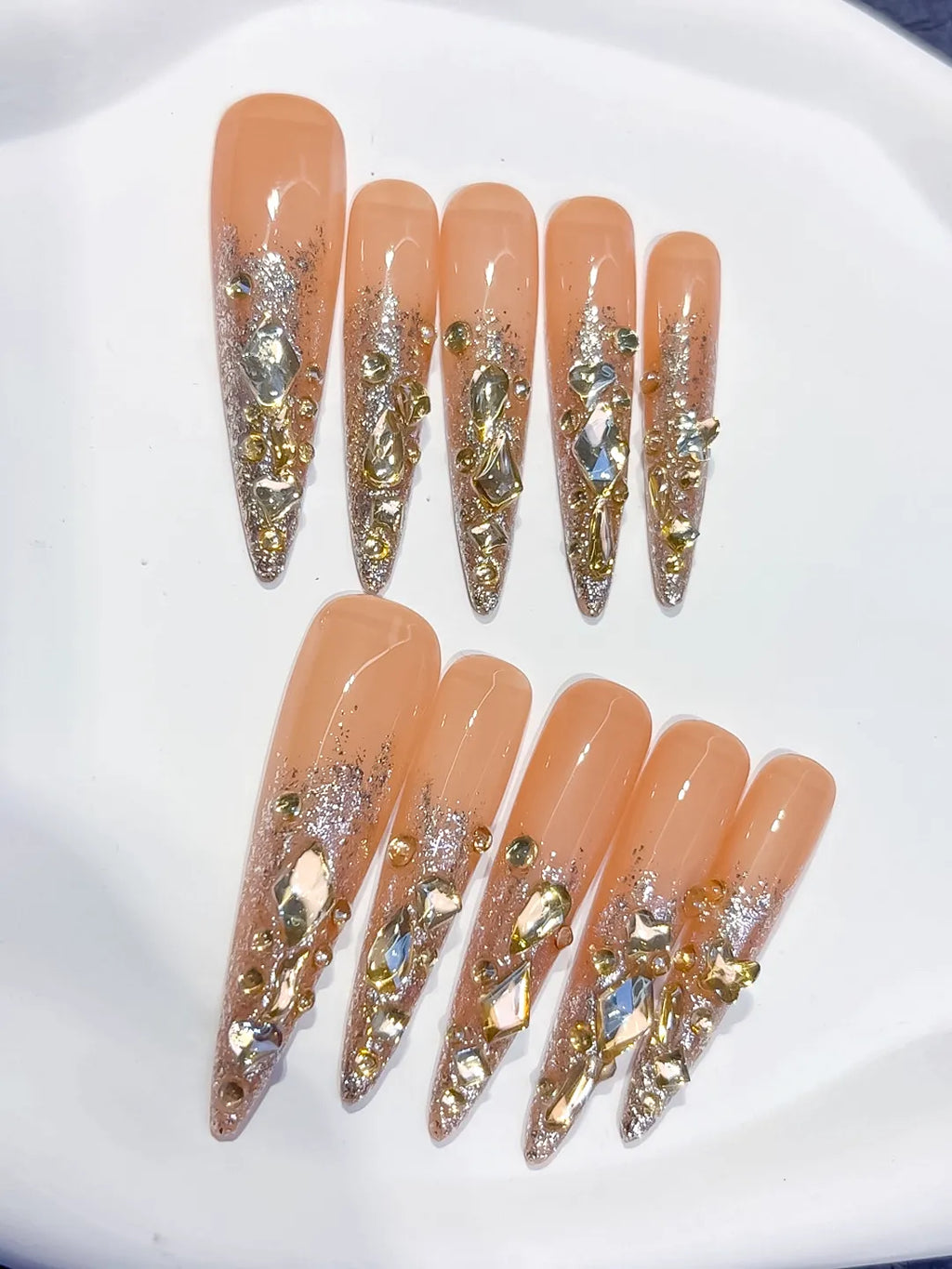L164 - Long Nude Gold Stiletto Glitter Rhinestone