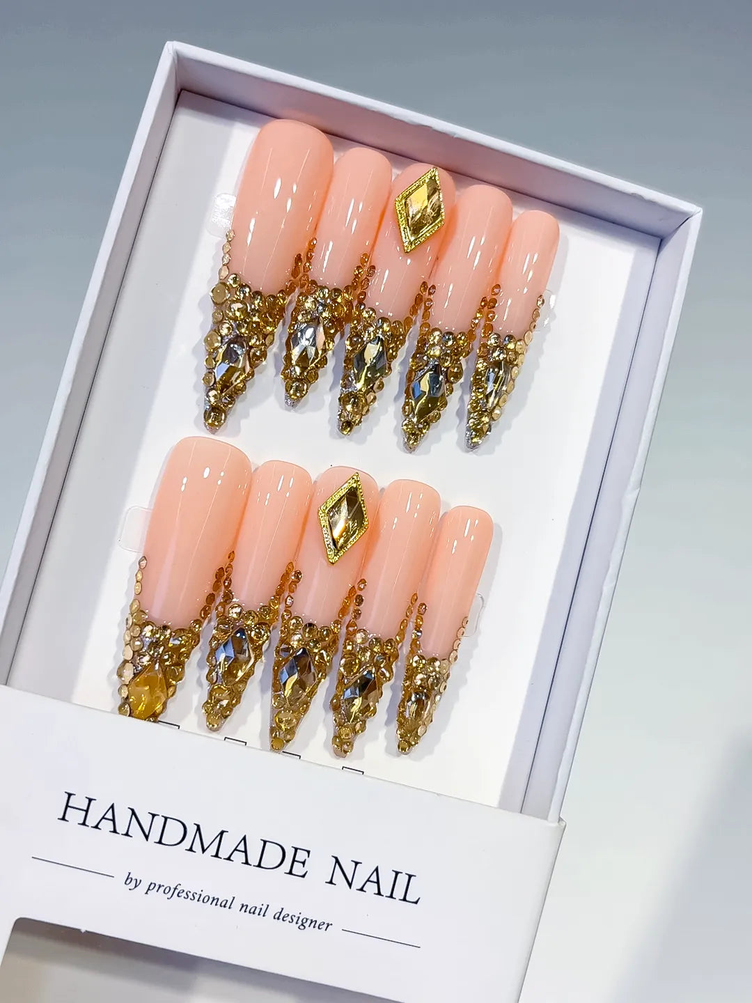 L165 - Long Nude Gold Stiletto Glitter