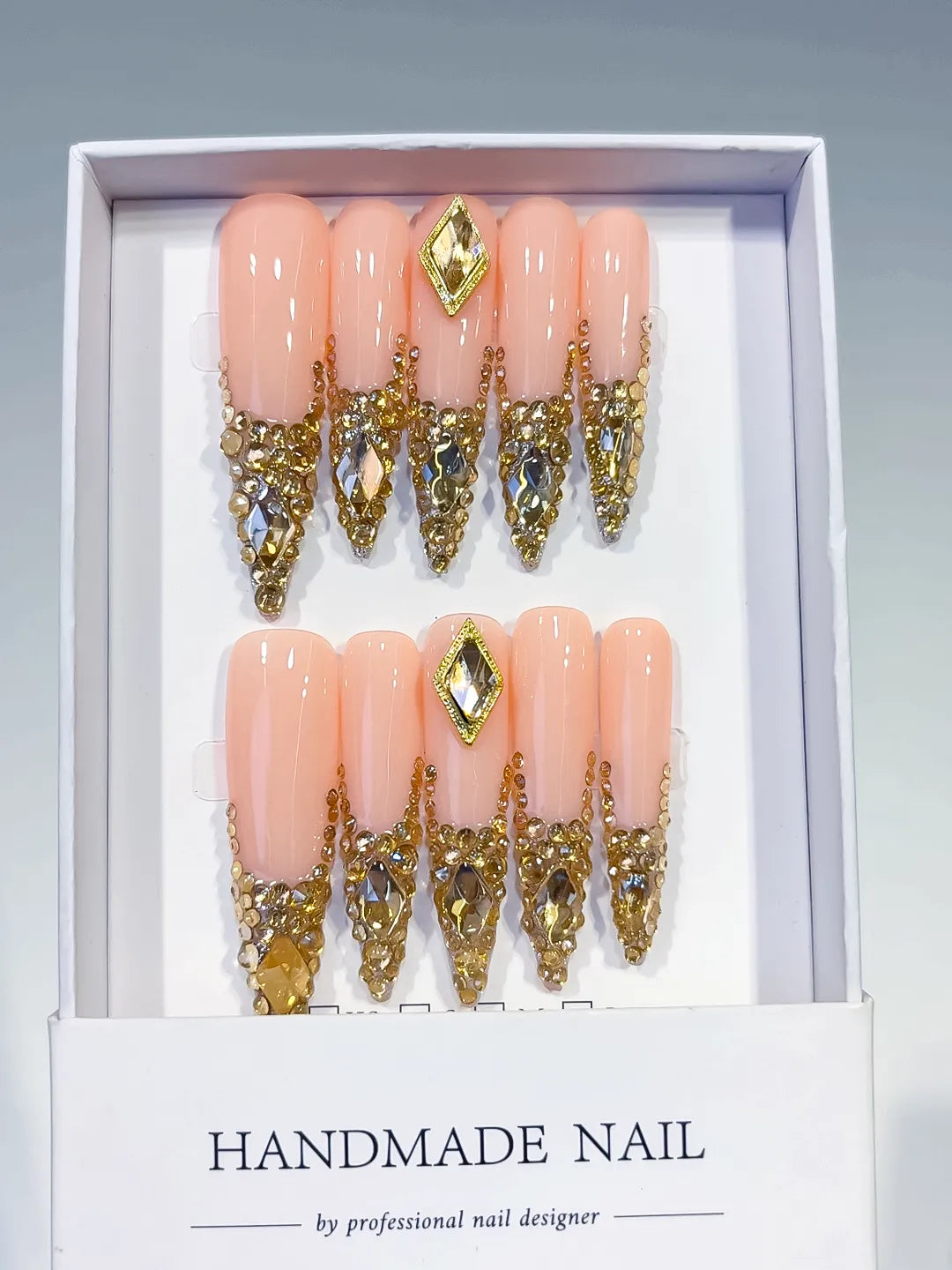 L165 - Long Nude Gold Stiletto Glitter
