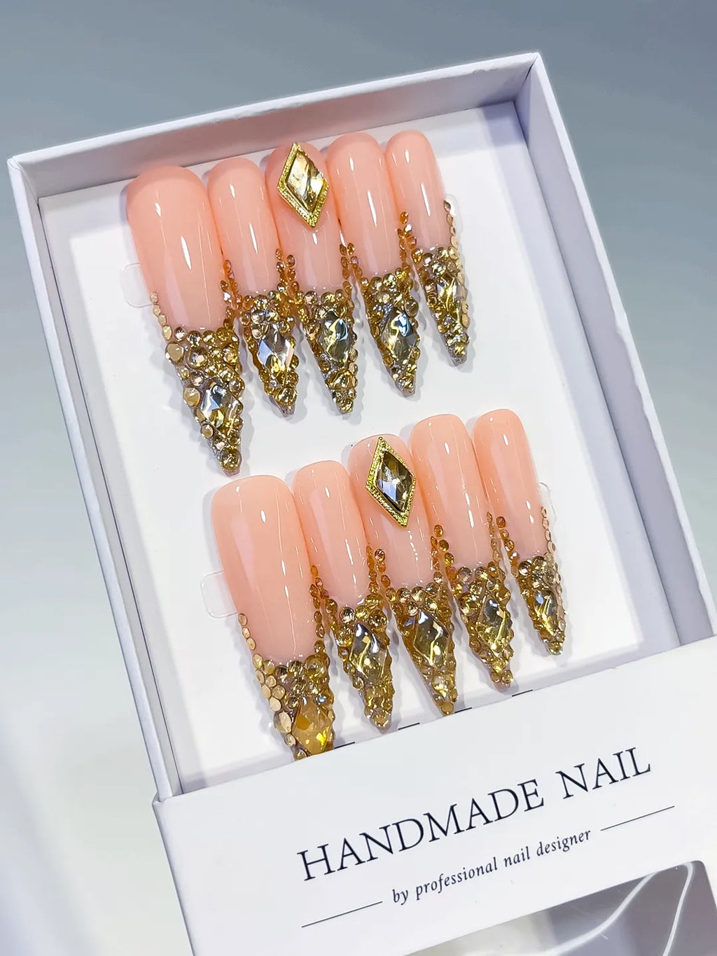L165 - Long Nude Gold Stiletto Glitter