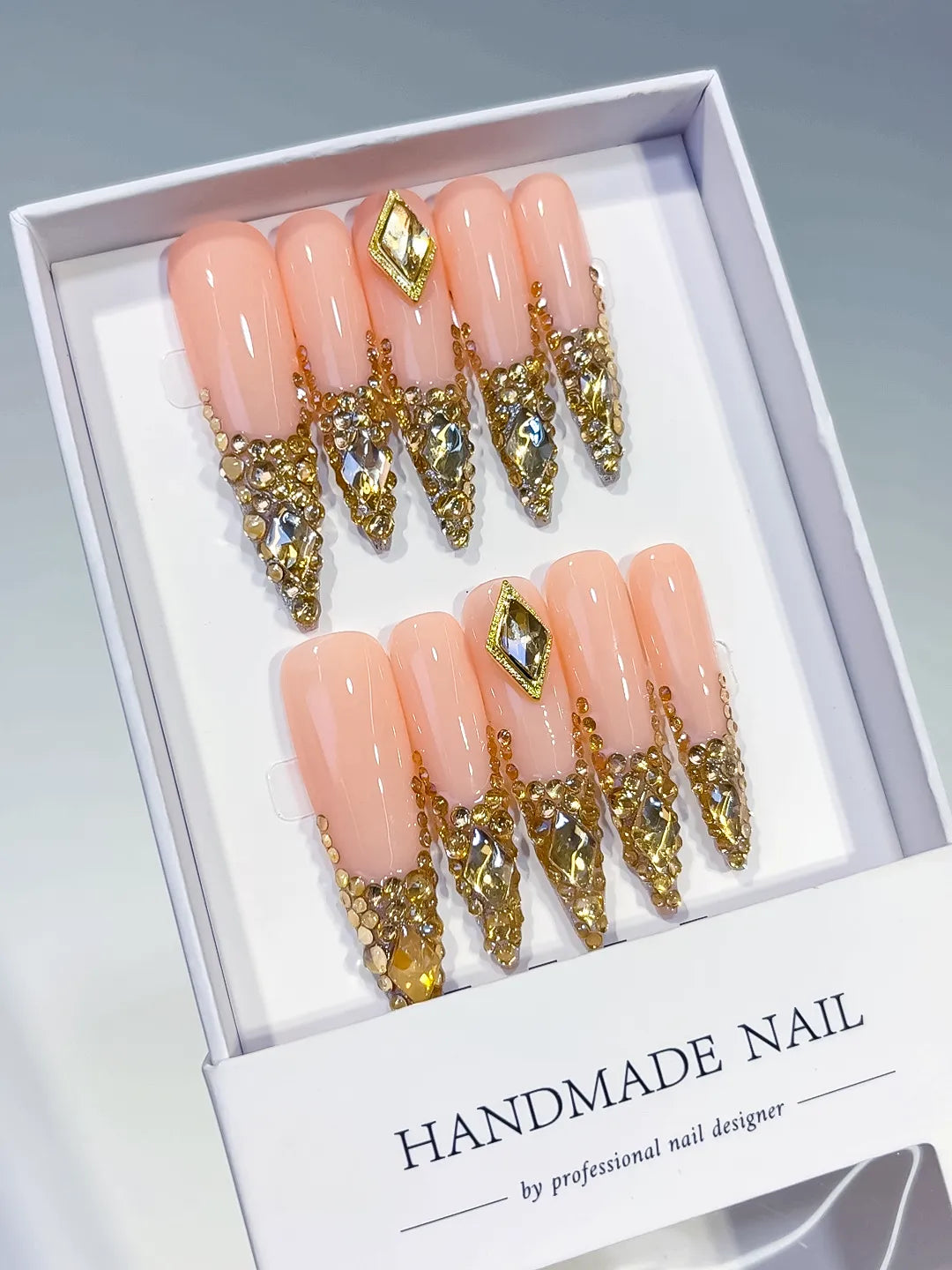 L165 - Long Nude Gold Stiletto Glitter