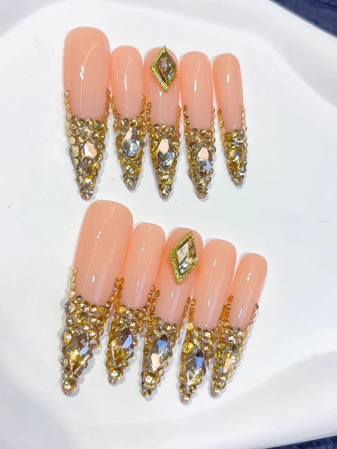 L165 - Long Nude Gold Stiletto Glitter