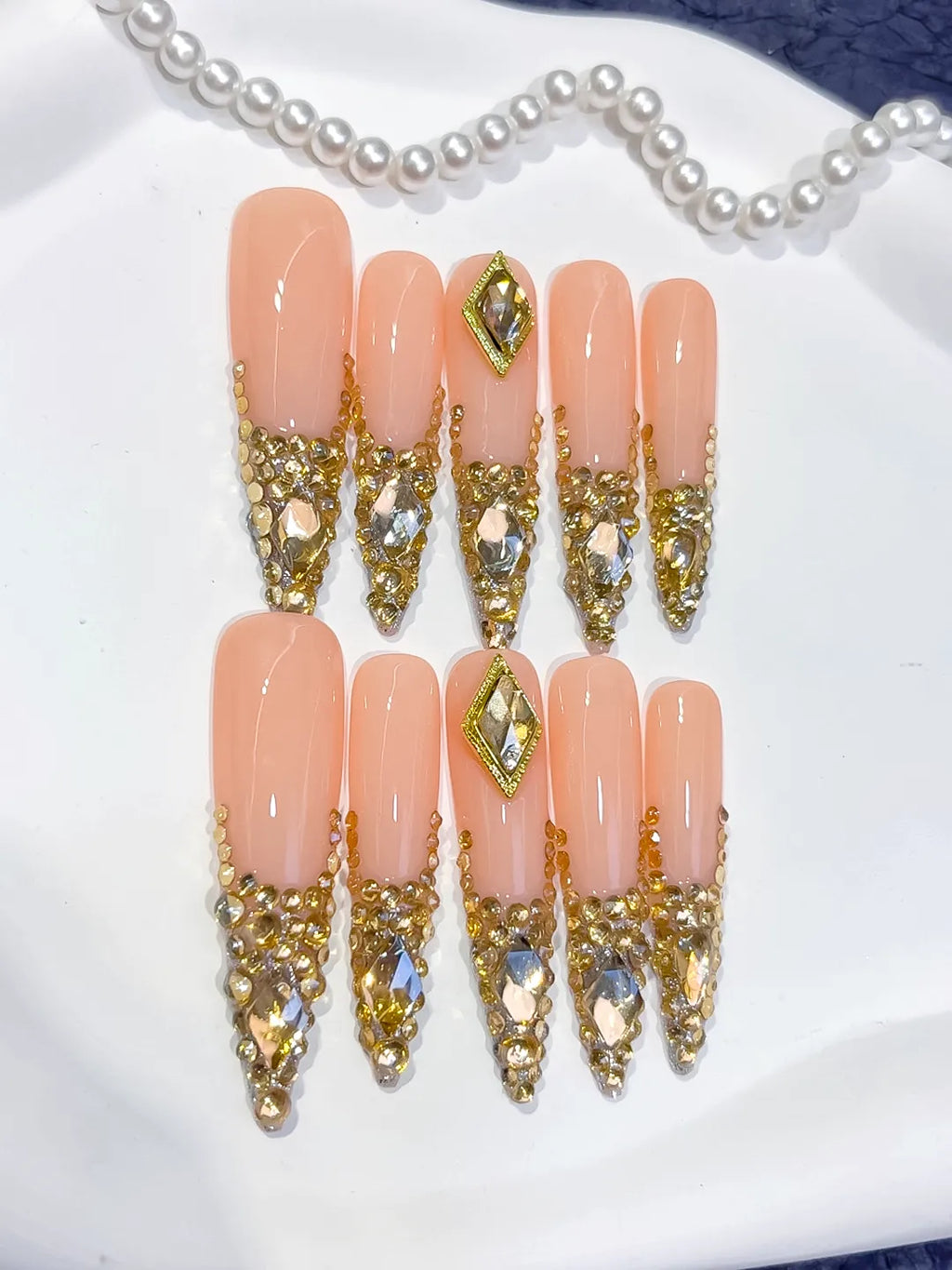 L165 - Long Nude Gold Stiletto Glitter