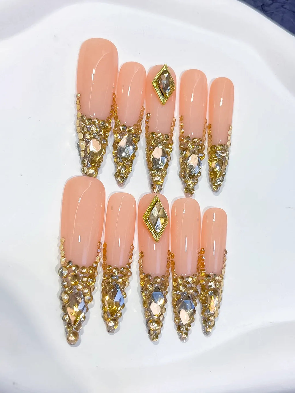 L165 - Long Nude Gold Stiletto Glitter