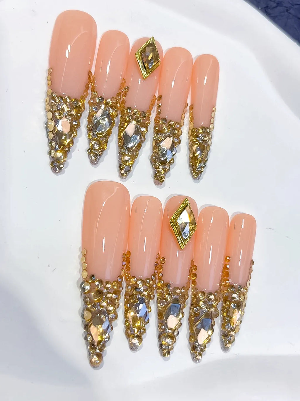 L165 - Long Nude Gold Stiletto Glitter