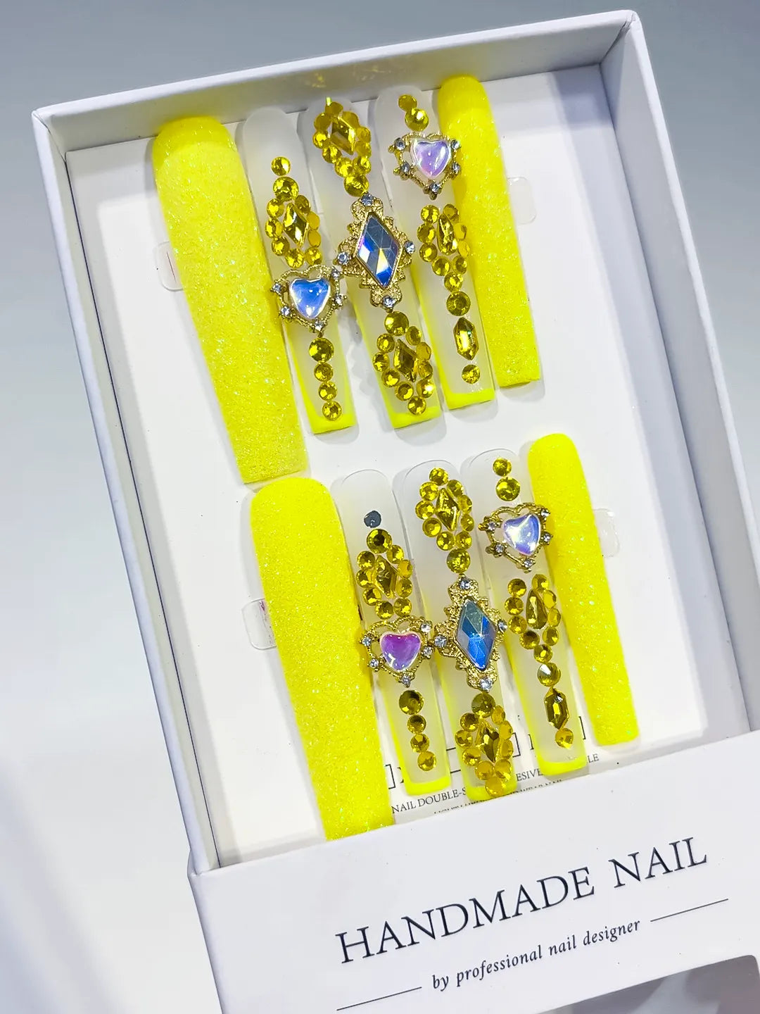 L166 - Long Yellow Gold Square Glitter Heart Rhinestone