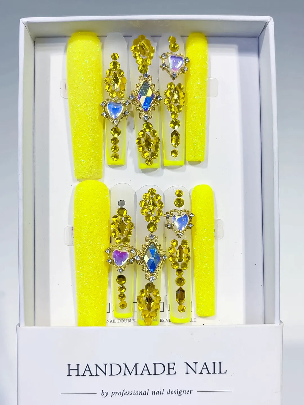 L166 - Long Yellow Gold Square Glitter Heart Rhinestone