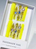 L166 - Long Yellow Gold Square Glitter Heart Rhinestone