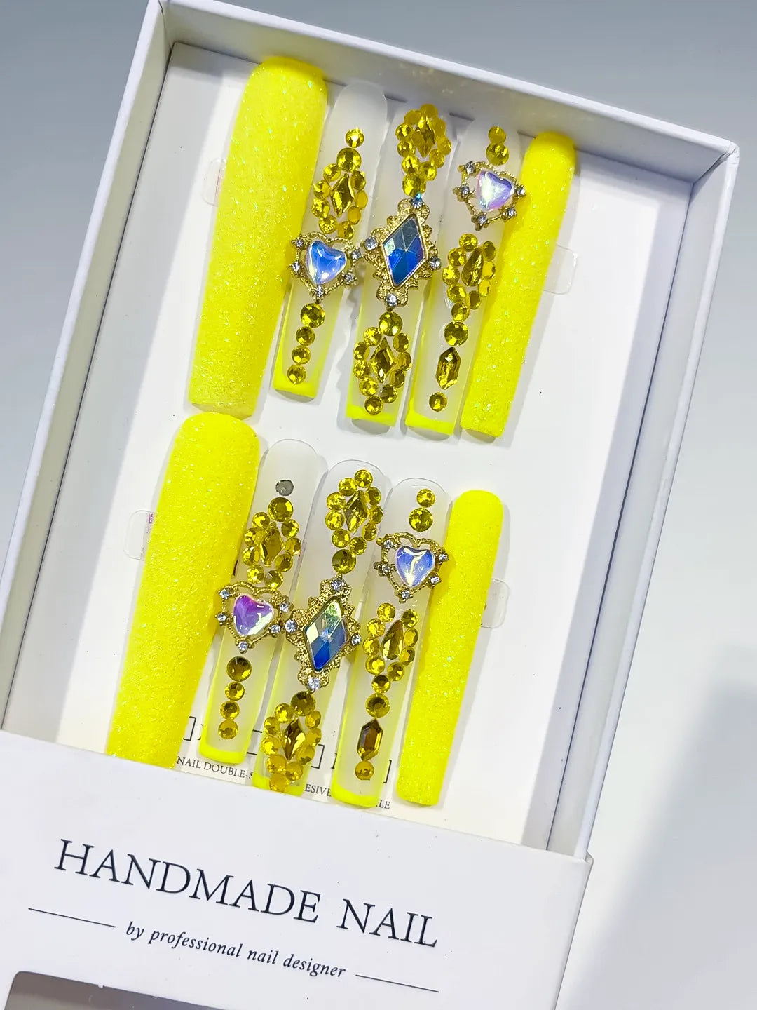 L166 - Long Yellow Gold Square Glitter Heart Rhinestone