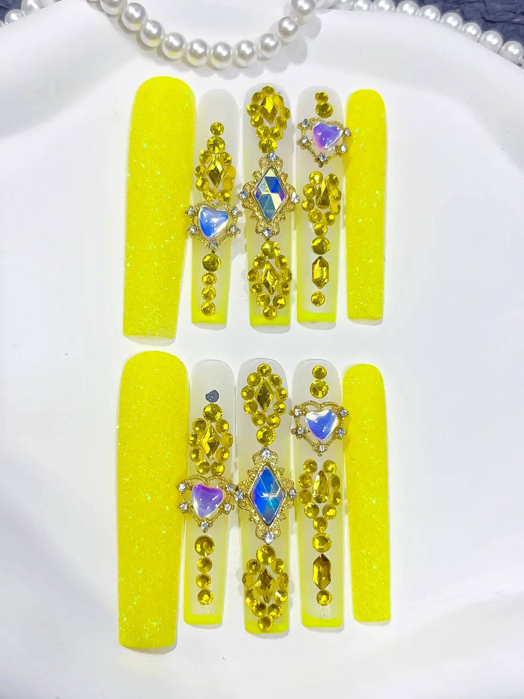 L166 - Long Yellow Gold Square Glitter Heart Rhinestone