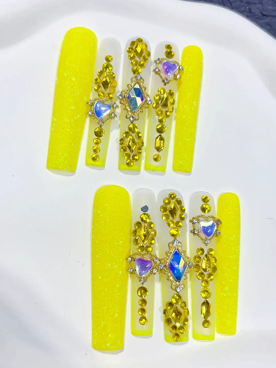L166 - Long Yellow Gold Square Glitter Heart Rhinestone