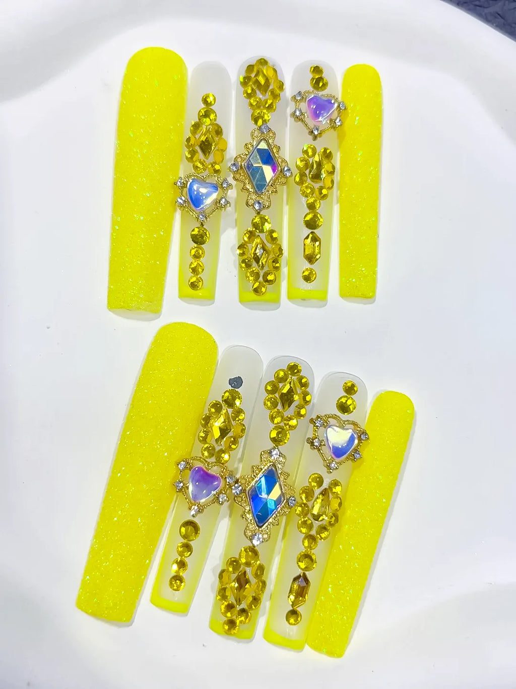 L166 - Long Yellow Gold Square Glitter Heart Rhinestone