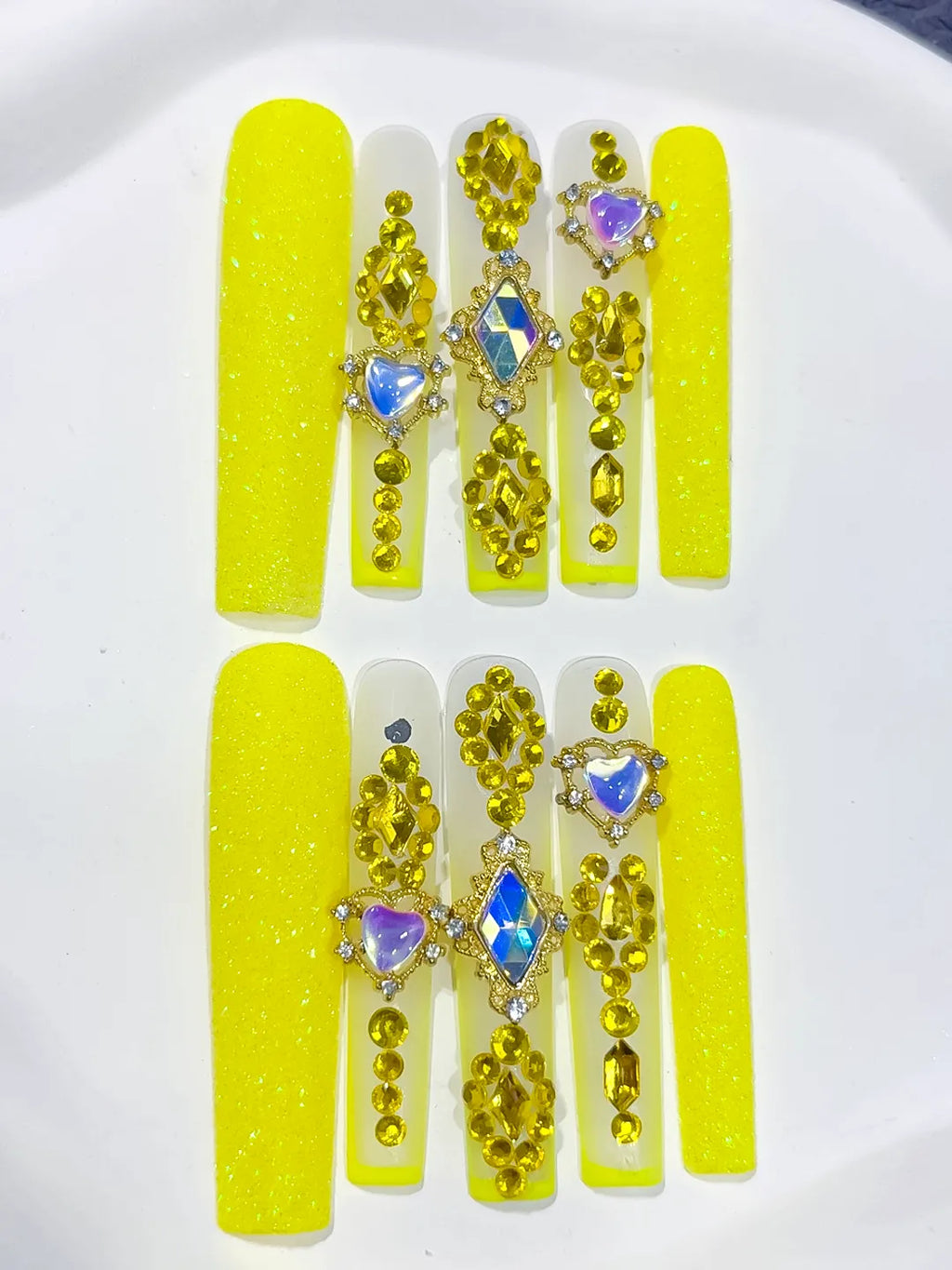 L166 - Long Yellow Gold Square Glitter Heart Rhinestone