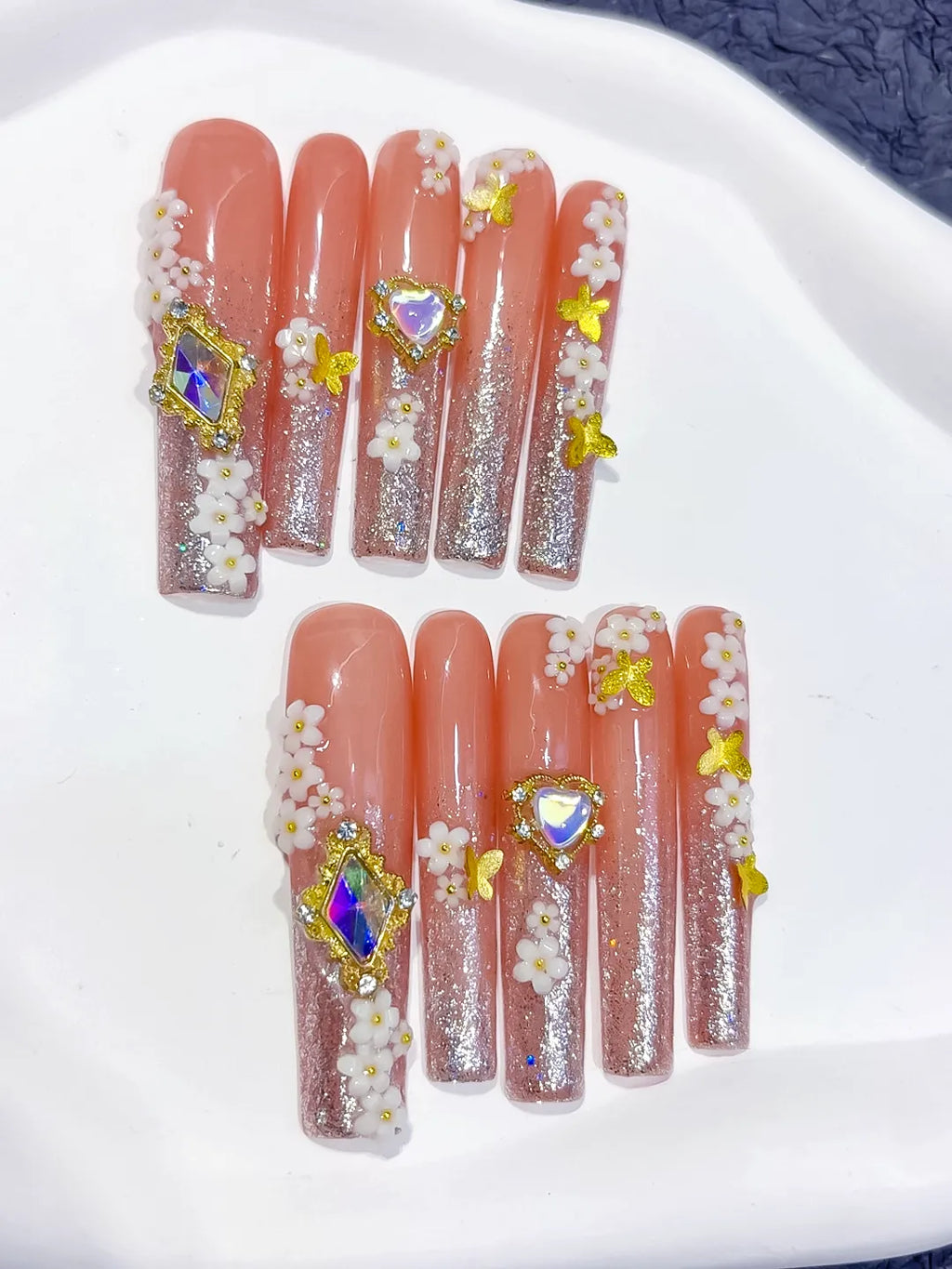L167 - Long Nude Gold Square Glitter Flower Heart