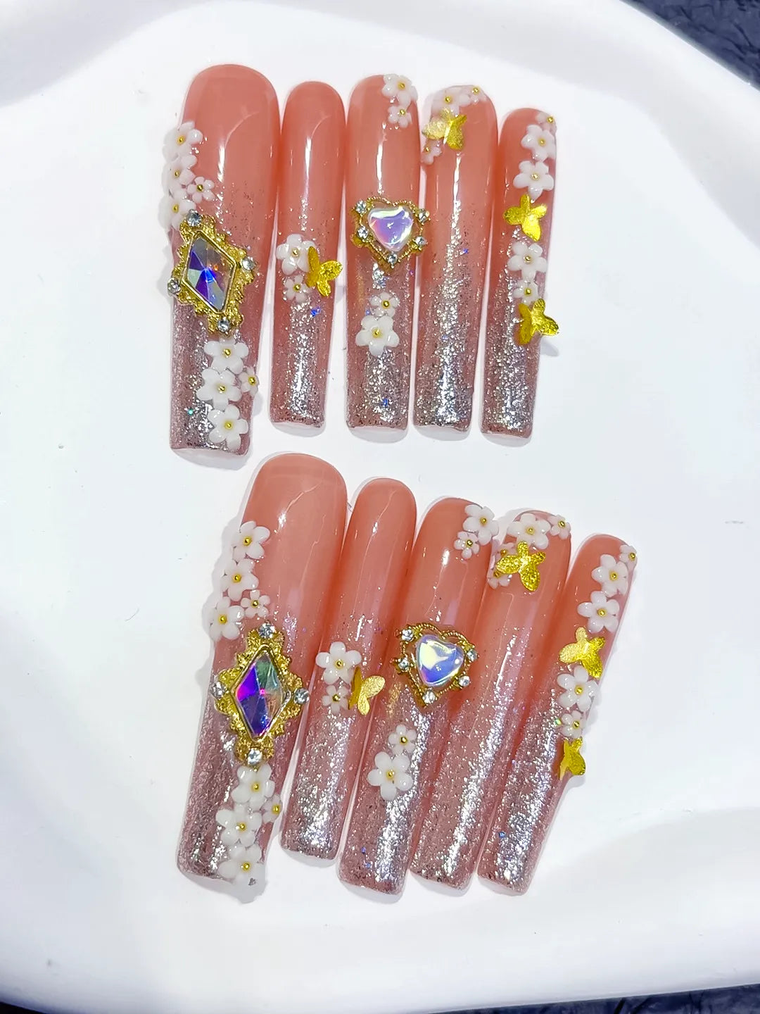 L167 - Long Nude Gold Square Glitter Flower Heart