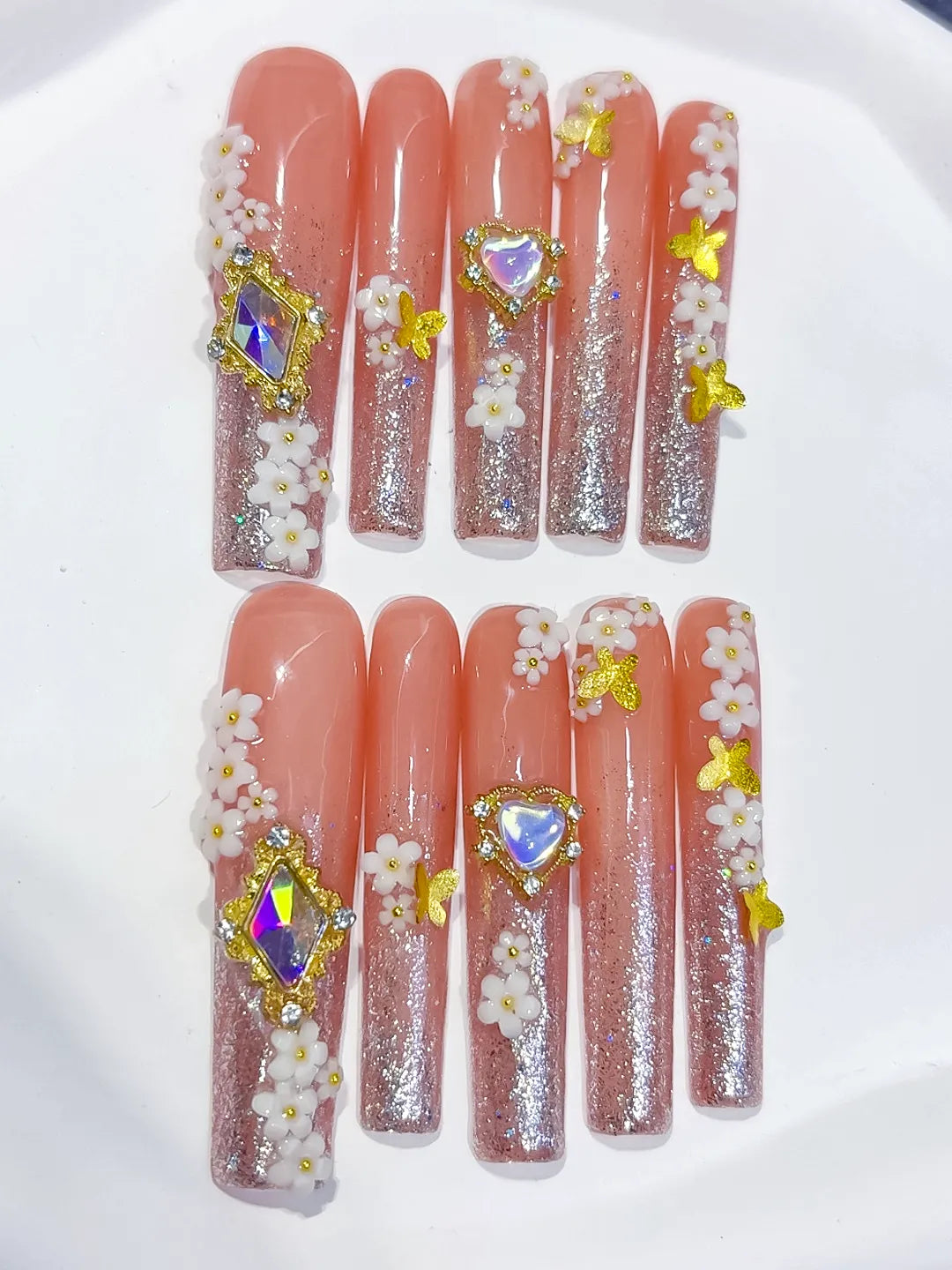 L167 - Long Nude Gold Square Glitter Flower Heart