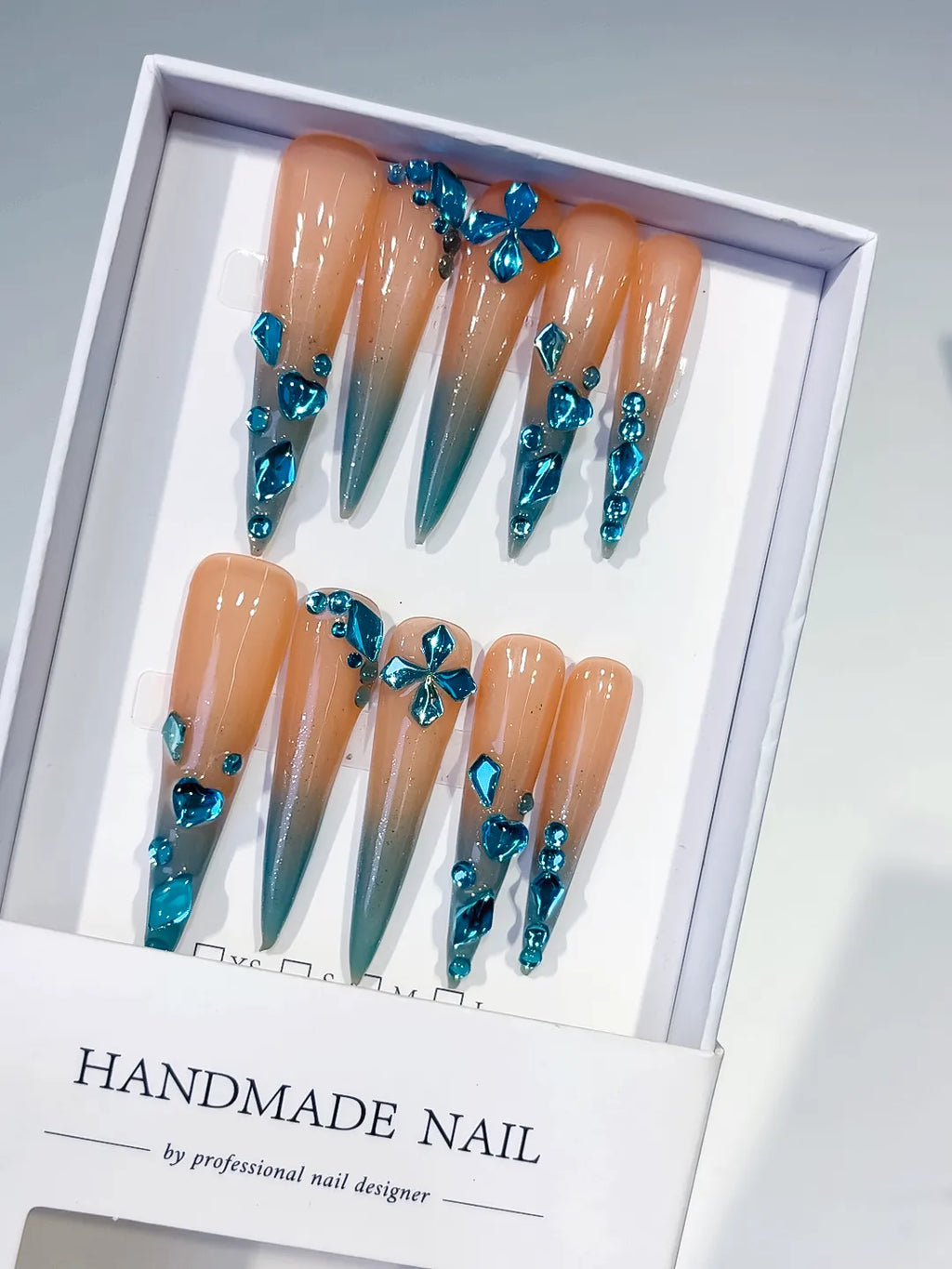 L168 - Long Nude Blue Stiletto Ombre Butterfly Rhinestone