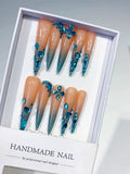 L168 - Long Nude Blue Stiletto Ombre Butterfly Rhinestone