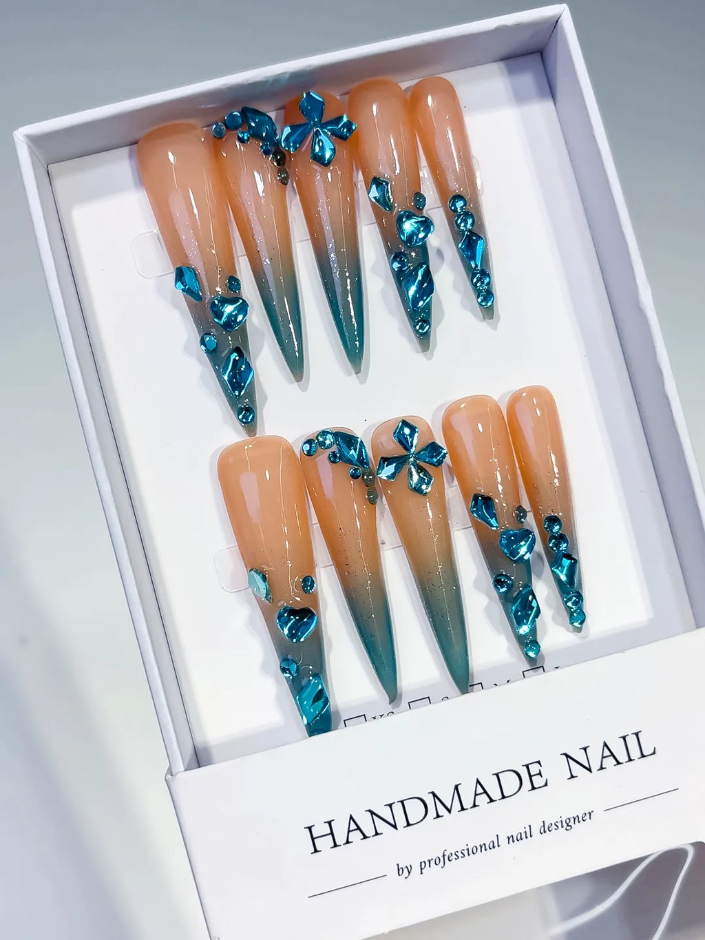 L168 - Long Nude Blue Stiletto Ombre Butterfly Rhinestone